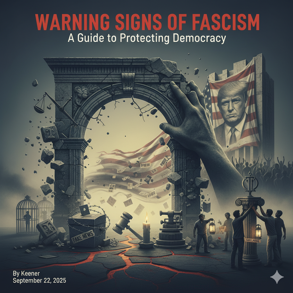 "An illustrative image depicting the crumbling pillars of democracy, with symbols of oppression like barbed wire and 'fake news' boxes, and figures working to restore a broken democratic pillar. In the background, a large American flag hangs over a crowd, with a silhouette of a leader's face. The text 'WARNING SIGNS OF FASCISM A Guide to Protecting Democracy' is at the top, and 'By Keener September 22,